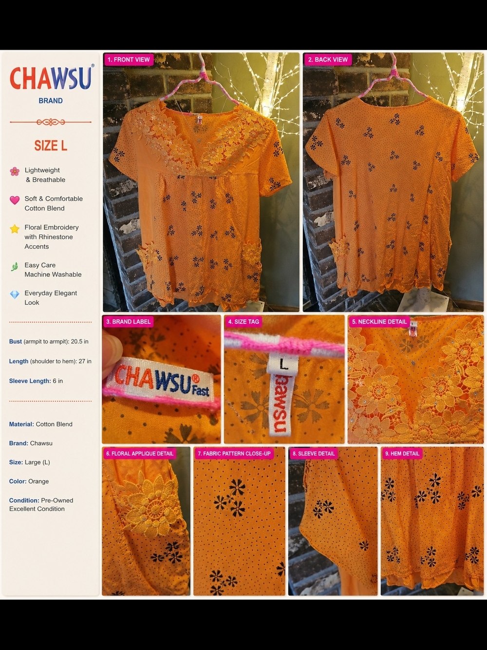 Orange Floral Embroidered Cotton Blend Women's Top - Size L